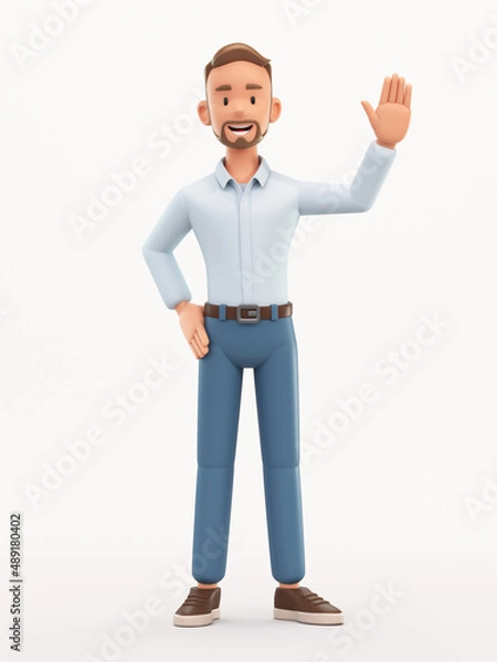Obraz Standing smiling man showing hand at direction. Cartoon happy businessman isolated on white background, 3d rendering