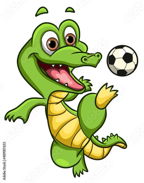 Fototapeta The happy crocodile is playing the soccer and kick the ball
