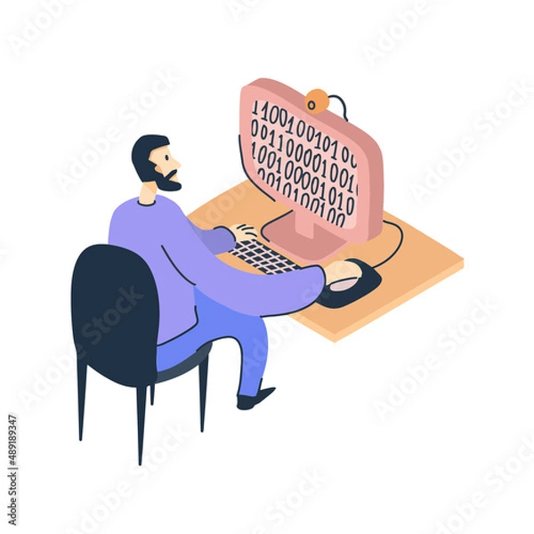 Obraz A programmer writes code on a desktop computer. Binary code on the monitor