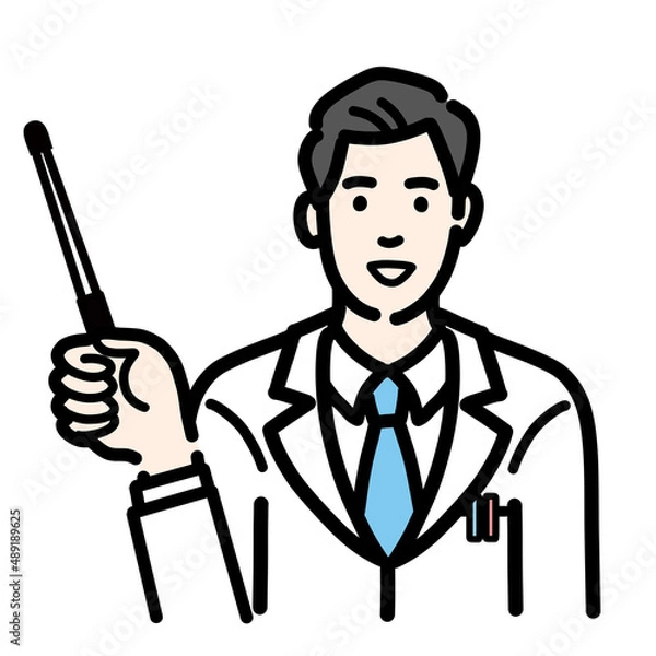 Fototapeta 指し棒で解説をしている白衣を着た若い男性医師
