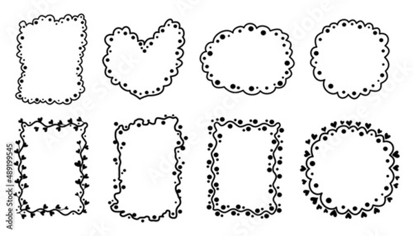 Fototapeta Set of cute hand drawn frames for text. Vector hand drawn frames of various shapes for design. Wedding frames, templates for Valentine's day. Simple frames with hearts, airy, wavy.