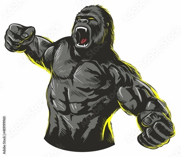 Obraz Vintage, comic book style roaring gorilla. Vector illustration. Isolated on white background.