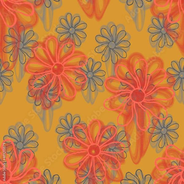 Obraz Brush Graffiti Style Liquid Hand Drawn Florals Seamless Pattern Line Leaves Elegant Chic Design Trendy Look Spring Summer Season