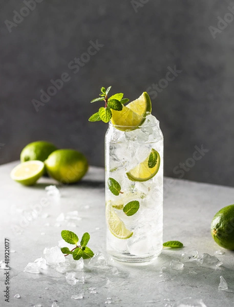 Fototapeta Detox cocktail with mint and lime or mojito cocktail in glasses on a gray background. Copy space for your text.