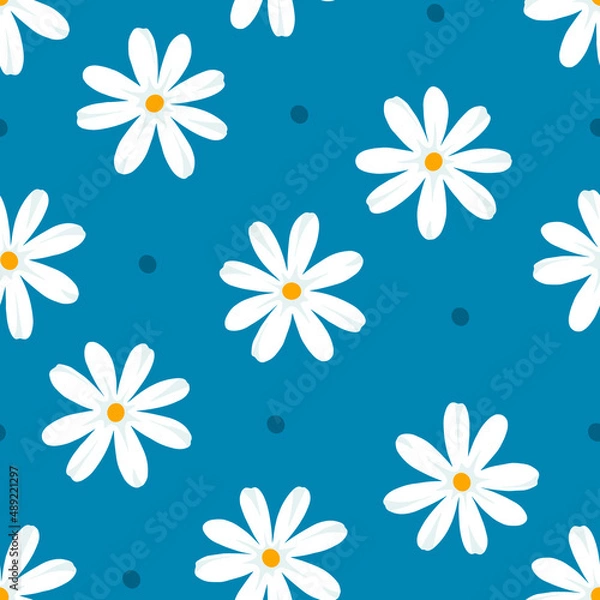 Obraz Seamless pattern with white daisies and dark blue dots on a blue background. Cute vector illustration.