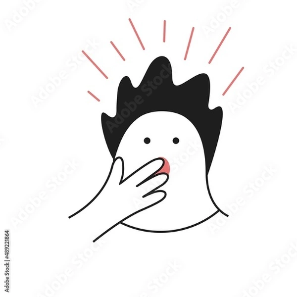 Fototapeta Surprise, fright emotion, wondering. Cartoon illustration hand to a face with an open mouth. Line vector illustration.