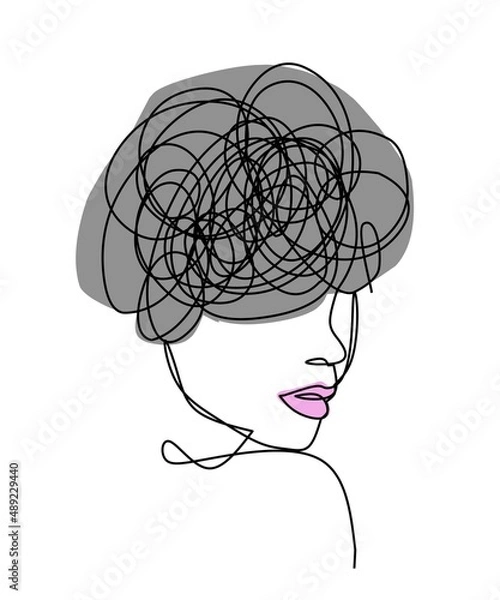 Fototapeta one line abstract Art of a dizzy female face, on a white background and aesthetically pleasing color for posters and wallpapers