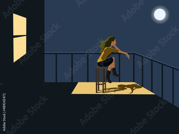 Obraz woman sitting on the balcony looking at the moon There was a light shining from the rear window.