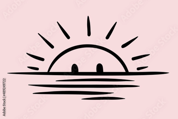 Obraz the sun over the sea. the sun is peeking over the horizon. sunrise. minimalistic graphics. doodle drawing. line art. vector illustration