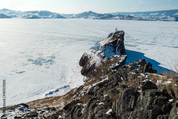 Fototapeta Island covered by ice in the middle on Baykal lake, Siberia