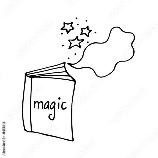 Fototapeta A magic book on astrology, a book of spells and witchcraft. Doodle style. Vector illustration isolated on a white background.