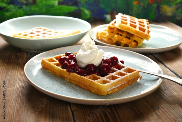 Obraz Belgian waffles with cherries