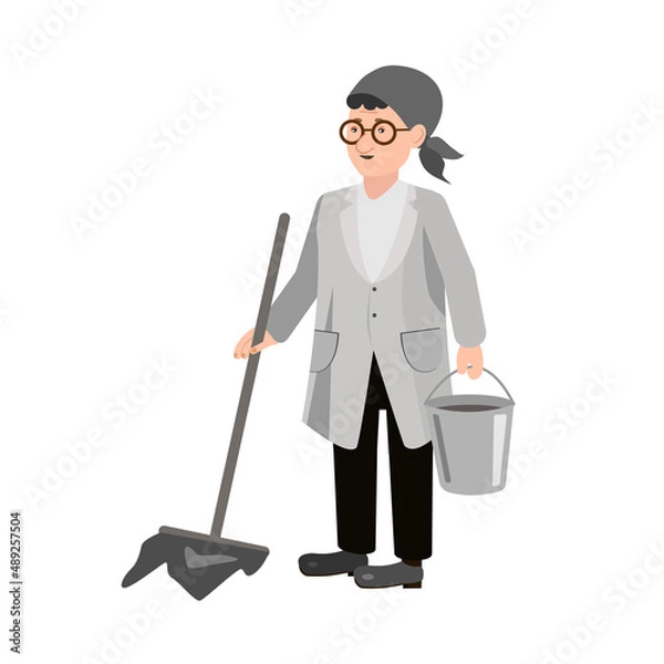 Obraz A woman washes the floor. Cartoon cleaning lady with a bucket and a mop. Vector illustration of a cleaning lady, for animation. All details on separate layers with names .