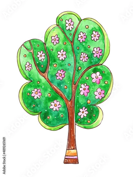 Obraz Watercolor illustration with blossoming spring tree. Tree with pink flowers.