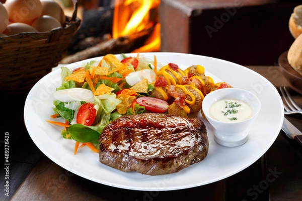 Fototapeta Sliced Picanha with tomato salad and lettuce