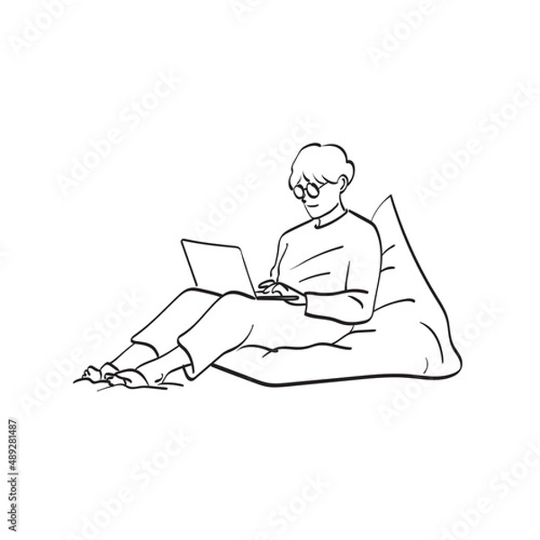 Fototapeta line art man with glasses using laptop computer on bean back illustration vector hand drawn isolated on white background