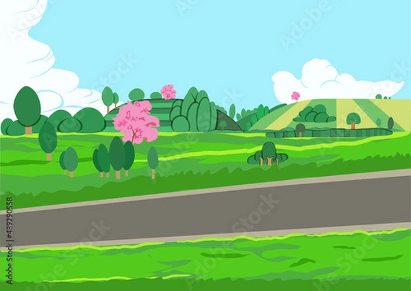 Fototapeta Pastoral scenery in sunny weather and illustration of asphalt road