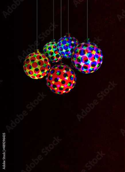 Fototapeta hanging balls with colorful halftone patterns on a dark background
