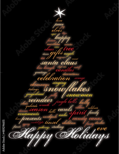 Fototapeta merry christmas and other words in red that make an abstract christmas tree