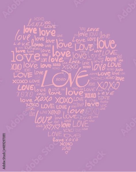 Fototapeta love written in different handwriting and in the shape of a heart