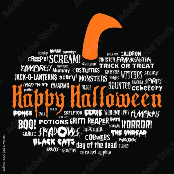 Fototapeta happy halloween and other scary words in the shape of a pumpkin on a black background