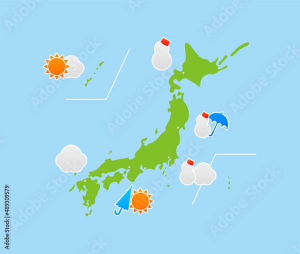 Obraz 日本地図と全国規模の冬の天気予報図
