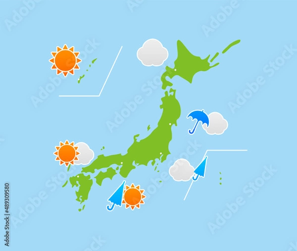 Obraz 日本地図と全国規模の天気予報図

