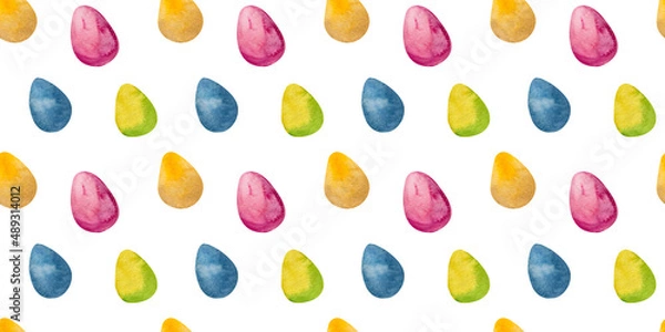 Fototapeta Simple easter watercolor eggs seamless pattern for spring holidays background. Bright multi-colored border for textile, wallpaper, paper, and party decoration.