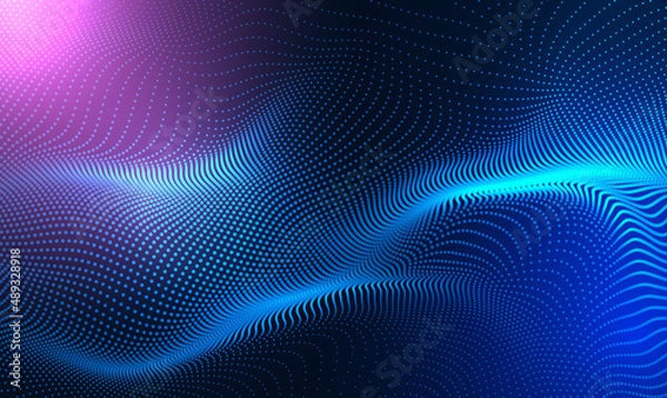Obraz Abstract Waving Particle Technology Background Design. Abstract wave moving dots flow particles, hi-tech and big data background design for brochures, flyers, magazine, business card, banner. Vector