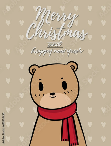 Obraz Merry Christmas vector text Calligraphic Lettering design card template for website . bear with light brown signboard. Happy smiling cartoon character. Holiday greeting card vector illustration.