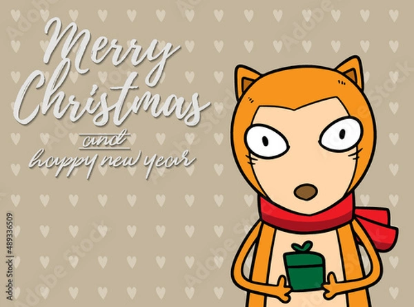 Obraz Merry Christmas vector text Calligraphic Lettering design card template for website . bear with light brown signboard. Happy smiling cartoon character. Holiday greeting card vector illustration.
