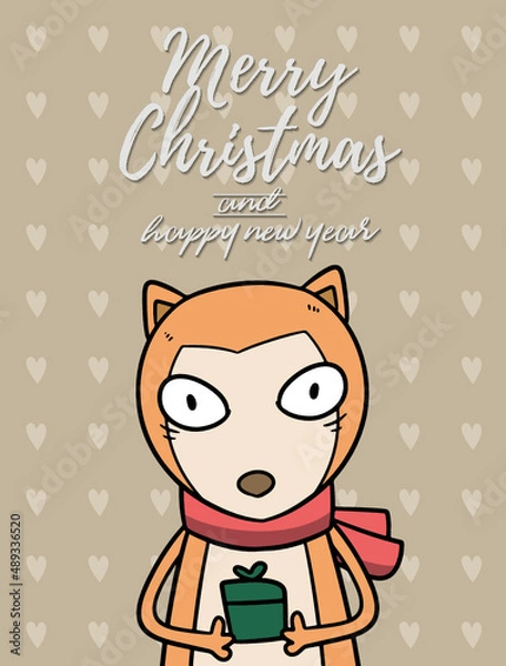 Obraz Merry Christmas vector text Calligraphic Lettering design card template for website . bear with light brown signboard. Happy smiling cartoon character. Holiday greeting card vector illustration.
