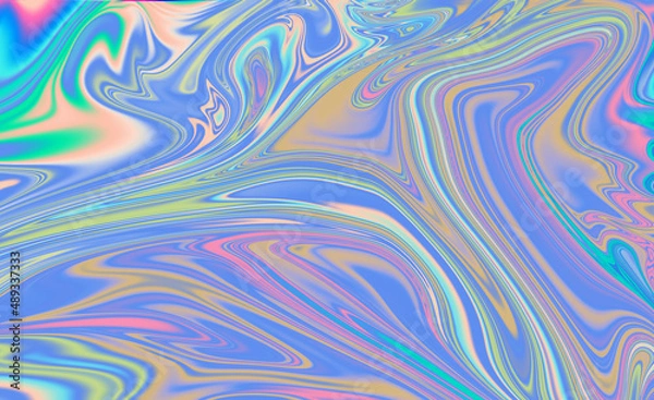 Fototapeta Abstract textured iridescent multicolored liquid background in blue tones.