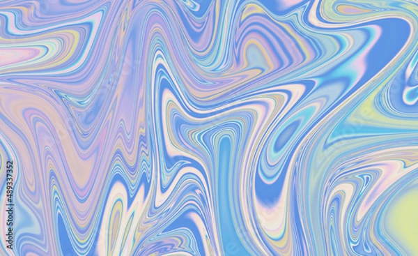Fototapeta Abstract textured iridescent multicolored liquid background in blue tones.