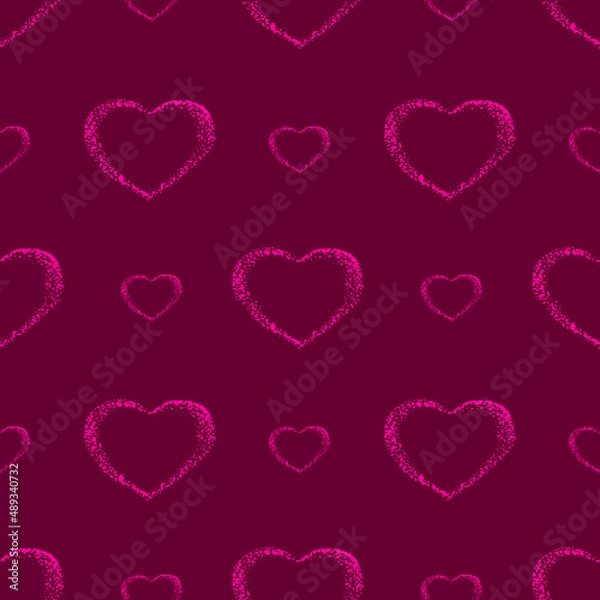 Fototapeta Bright seamless pattern with hearts in pink color on  background. Vector illustration.  Design for greeting cards, plaques; printing, invitation.