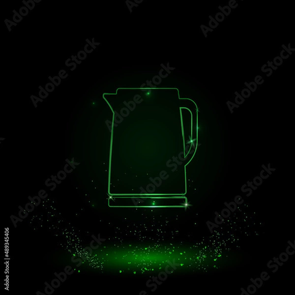 Fototapeta A large green outline kettle symbol on the center. Green Neon style. Neon color with shiny stars. Vector illustration on black background