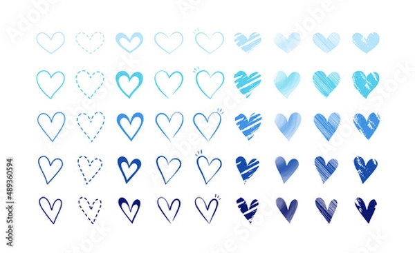 Obraz Valentine's hearts set in blue tones. Variety of cute hand drawn hearts with different styles, textures and effects