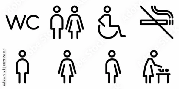 Fototapeta Toilet line icon set. WC sign. Men,women,mother with baby and handicap symbol. Restroom for male, female, transgender, disabled. Vector graphics