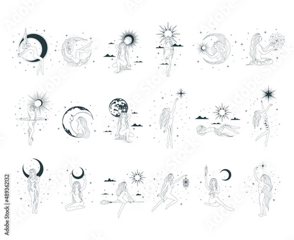 Fototapeta Celestial goddesses against the backdrop of the starry sky, the sun, clouds and the moon. Set of 18 women line art vector illustrations in boho style for card, tattoo and posters.