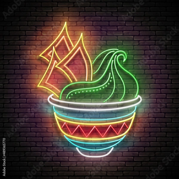 Fototapeta Glow Mexican guacamole in bowl with nachos or tortillas. Traditional ethnic sauce with avocado, appetizer. Neon Light Poster, Flyer, Banner, Signboard. Brick Wall. Vector 3d Illustration