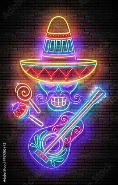 Fototapeta Glow Mexican cactus in sombrero with guitar. Cute singer, mariachi. Shiny Neon Poster, Flyer, Banner, Postcard, Invitation. Brick Wall. Vector 3d Illustration. 