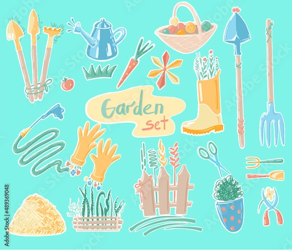 Fototapeta Vector garden set: tools for plants (shovels, rakes, pitchforks), gardening gloves, watering can, fruit basket, hay, water hose, scissors, fence with plants, basket with onions, yellow rubber boot 