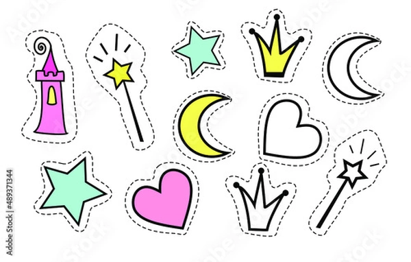 Fototapeta stickers for the princess. kids stickers vector. simple vector illustrations. the attributes of a princess. crown, castle, magic wand, stars. bright colors