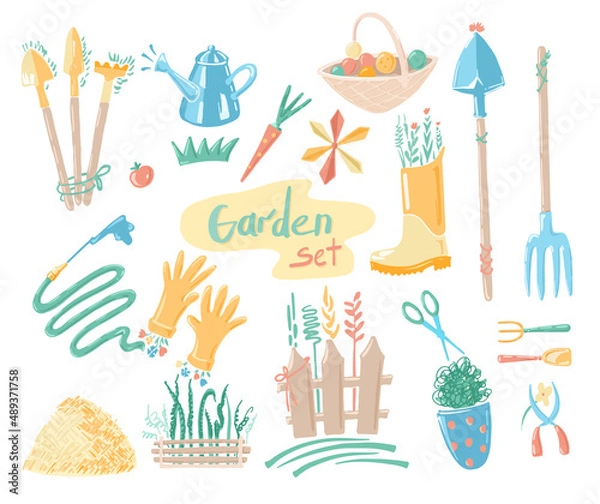 Fototapeta Vector garden set on white background: tools for plants gardening gloves, watering can, fruit basket, hay, water hose, scissors, fence with plants, basket with onions, yellow rubber boot.
