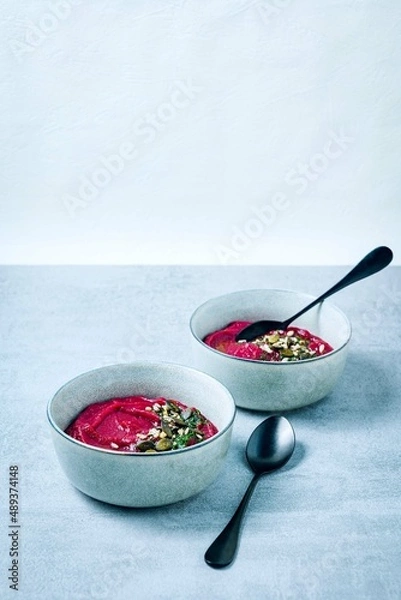 Obraz beetroot soup and seeds topping
