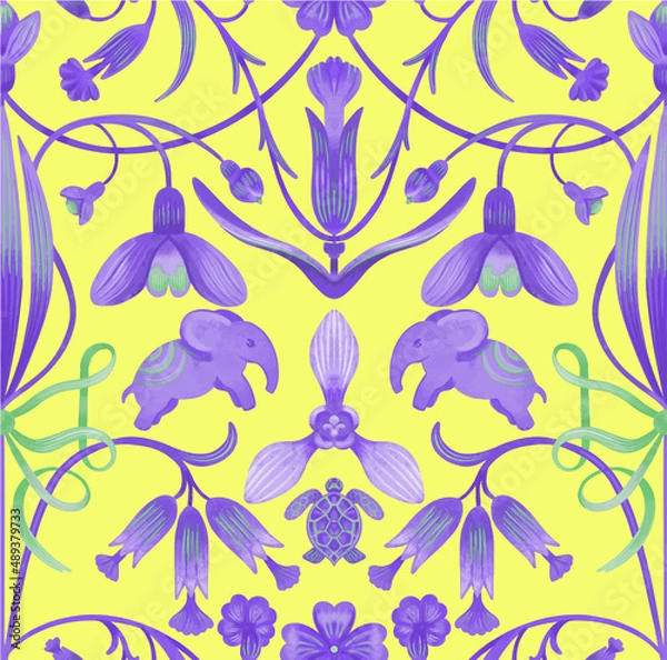 Fototapeta seamless patterns with elephants in Indian bright style with stylized primroses and snowdrops. surface design
