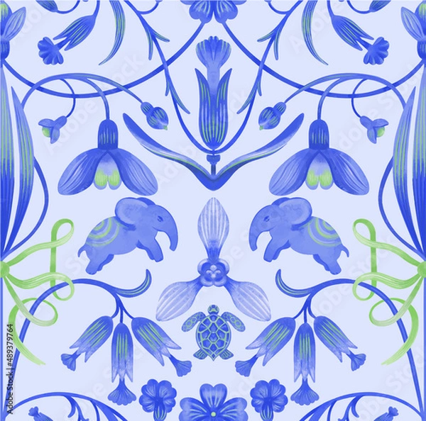 Fototapeta seamless patterns with elephants in Indian bright style with stylized primroses and snowdrops. surface design
