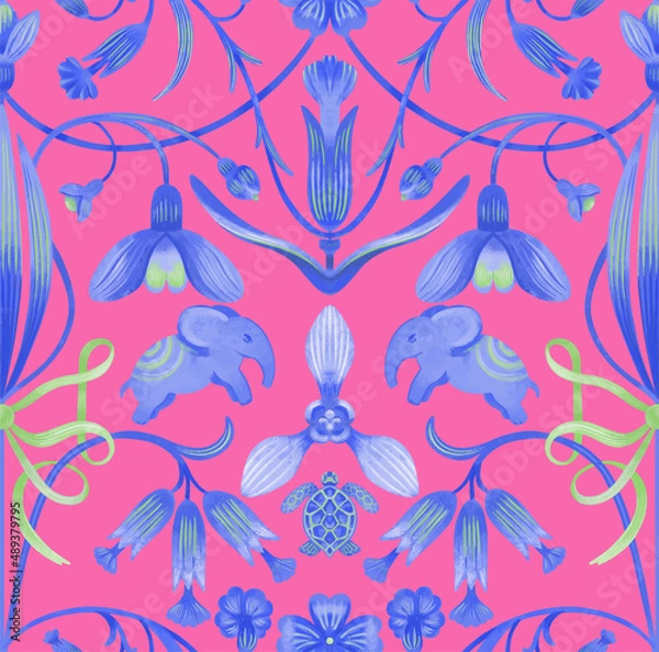 Fototapeta seamless patterns with elephants in Indian bright style with stylized primroses and snowdrops. surface design
