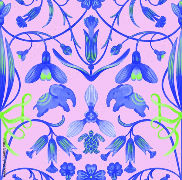 Fototapeta vector seamless ornaments patterns classic with elephants in indian style bright cheerful elegant for wallpaper for surface design