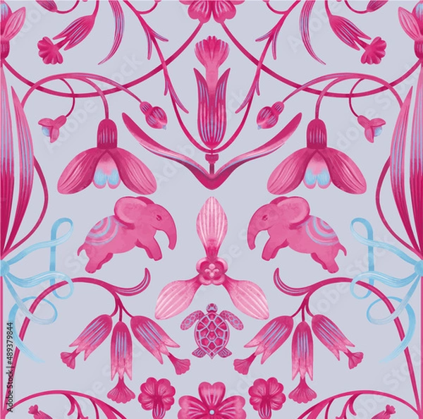 Fototapeta seamless patterns with elephants in Indian bright style with stylized primroses and snowdrops. surface design
